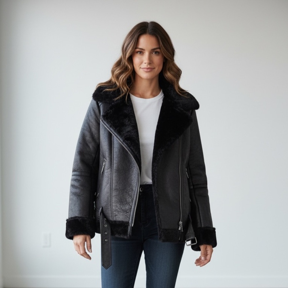 BCBGMaxAzria Charcoal Leather Jacket with Plush Collar